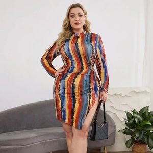 Plus Brush print mock dress side knot asymmetrical hem dress